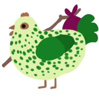 A apple and leaf chicken with a speckle pattern