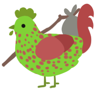 A grass and red chicken with a speckle pattern