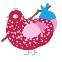 Mimi, a crimson and pink chicken with a speckle pattern