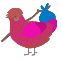 A red and fuchsia chicken with a lace pattern
