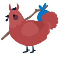 A red chicken with a head pattern