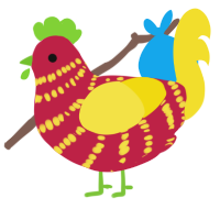A crimson and yellow chicken with a bar pattern