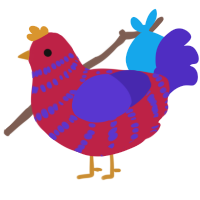 A crimson and indigo chicken with a bar pattern