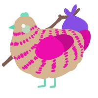 A beige and fuchsia chicken with a bar pattern