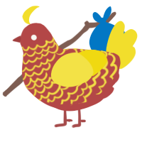 A red and yellow chicken with a lace pattern