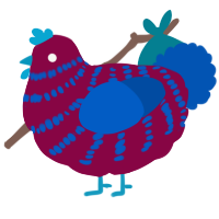 A maroon and ultramarine chicken with a bar pattern