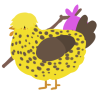 A yellow and bark chicken with a speckle pattern