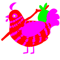 MY EYES, a grey and fuchsia chicken with a bar pattern