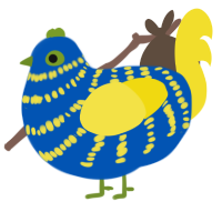A ultramarine and yellow chicken with a bar pattern
