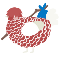 A red and white chicken with a lace pattern