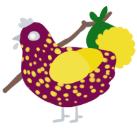 A wine and yellow chicken with a speckle pattern