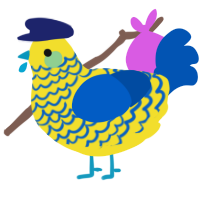 A yellow and ultramarine chicken with a lace pattern