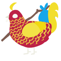 A crimson and yellow chicken with a lace pattern