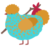 A aqua and orange chicken with a speckle pattern
