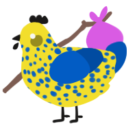 A yellow and ultramarine chicken with a speckle pattern