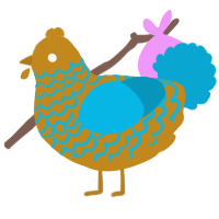 A ochre and cerulean chicken with a lace pattern
