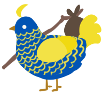 A ultramarine and yellow chicken with a lace pattern