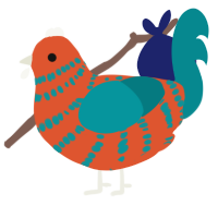 A vermilion and teal chicken with a bar pattern