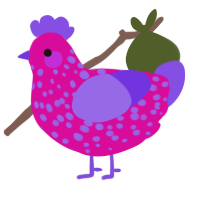 A fuchsia and blurple chicken with a speckle pattern