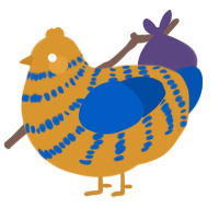 A orange and ultramarine chicken with a bar pattern