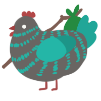 A grey and turquoise chicken with a bar pattern