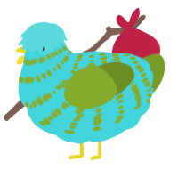 A aqua and chartreuse chicken with a bar pattern