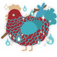 A crimson and cerulean chicken with a lace pattern