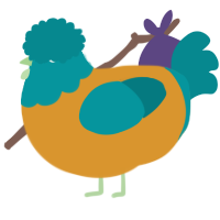 A orange and teal chicken with a head pattern