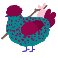 A teal and maroon chicken with a speckle pattern