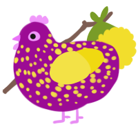 A plum and yellow chicken with a speckle pattern
