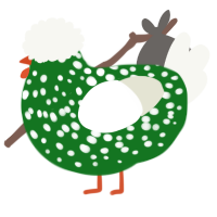 A leaf and white chicken with a speckle pattern