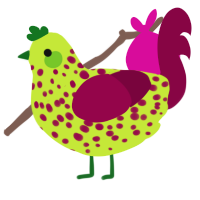 A lime and maroon chicken with a speckle pattern
