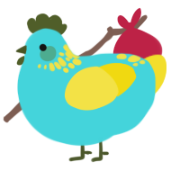 A aqua and yellow chicken with a neck-speckle pattern