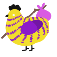A yellow and violet chicken with a bar pattern