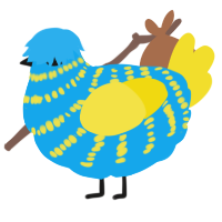 A sky and yellow chicken with a bar pattern