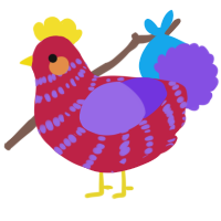 A crimson and blurple chicken with a bar pattern