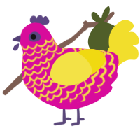 A fuchsia and yellow chicken with a lace pattern