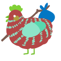 A red and mint chicken with a bar pattern