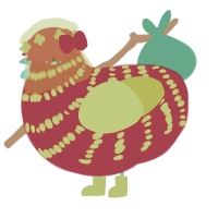 Holly Wreath, a maroon and chartreuse chicken with a bar pattern