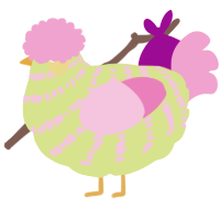 A lemon and pink chicken with a bar pattern