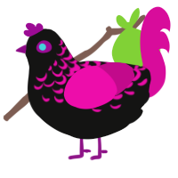 Shiny, a black and fuchsia chicken with a half-lace pattern