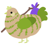 A beige and chartreuse chicken with a bar pattern
