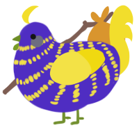 A indigo and yellow chicken with a bar pattern