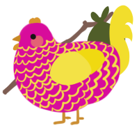 A fuchsia and yellow chicken with a lace pattern