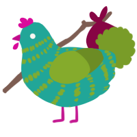 A turquoise and chartreuse chicken with a bar pattern