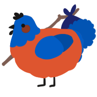 A vermilion and ultramarine chicken with a head pattern