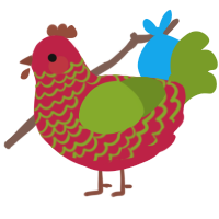 A crimson and chartreuse chicken with a lace pattern