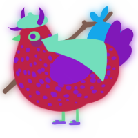 A crimson and violet chicken with a speckle pattern