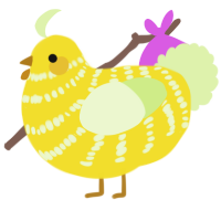 A yellow and apple chicken with a bar pattern