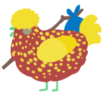 A red and yellow chicken with a speckle pattern